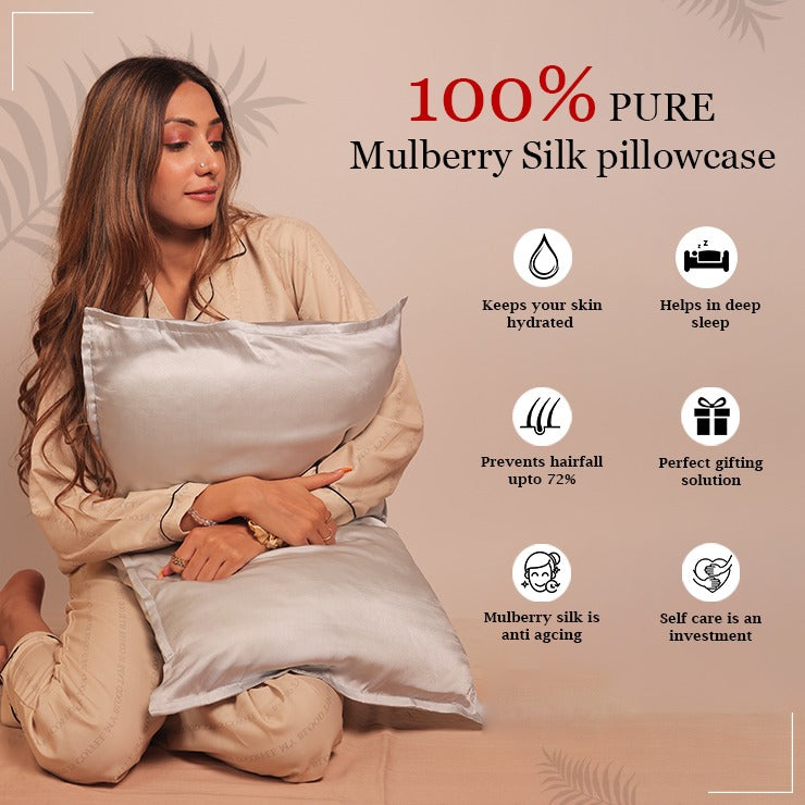 Mulberry Silk Pillow Cover & Scrunchy Pack Of 2 -  Silver