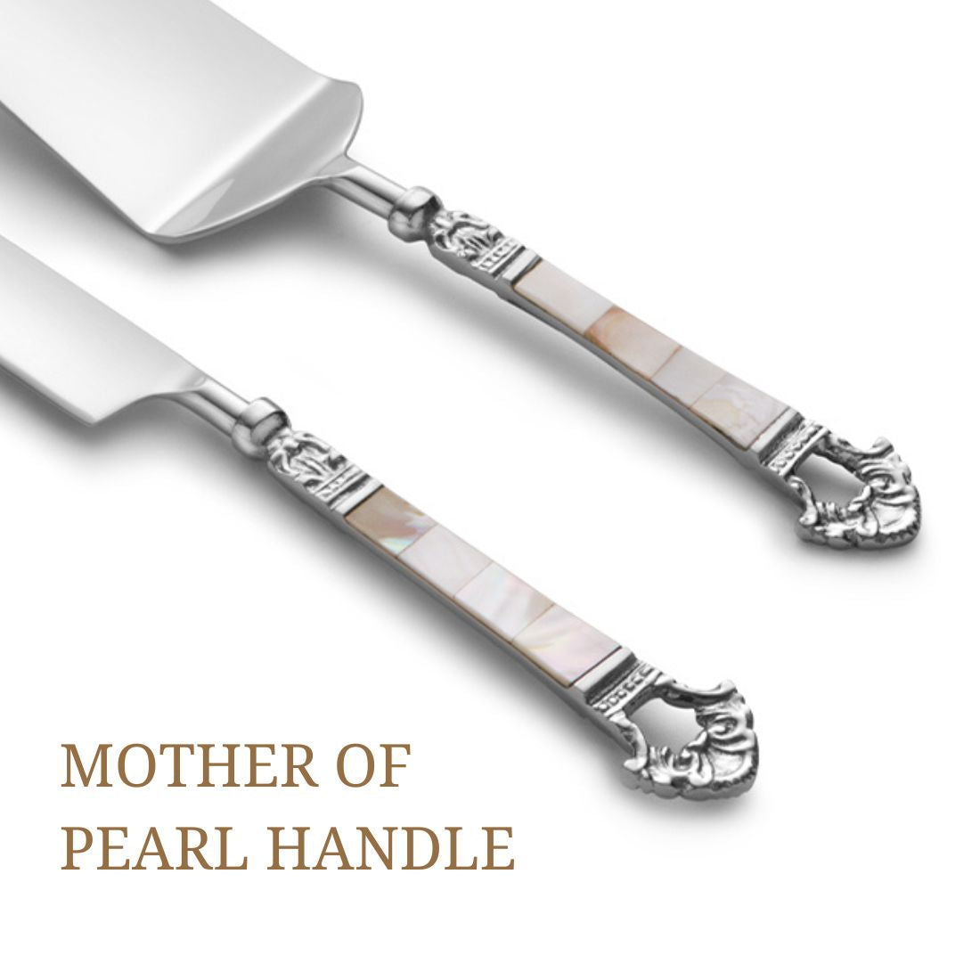Stainless Steel Luxurious Mother of Pearl Silver Cake Server and Knife Set of 2 Perfect for Weddings Engagements Parties Birthdays and Events Lift and Cut Pie Cake Pizza