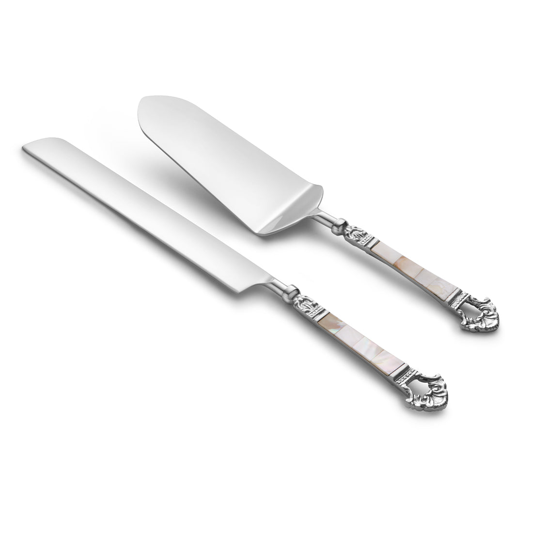 Stainless Steel Luxurious Mother of Pearl Silver Cake Server and Knife Set of 2 Perfect for Weddings Engagements Parties Birthdays and Events Lift and Cut Pie Cake Pizza